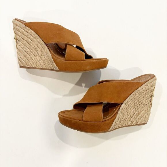 Tory Burch Wedge Espadrille Sandal Brown Suede Slip On Size 6 - Picture 3 of 11